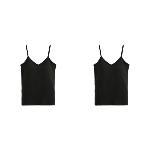 Qarigey Chaleco con cuello en V Camiseta sin mangas Correa ajustable Camisones amigables con la piel Ropa delgada sólida Tops Buena Negro 2piezas