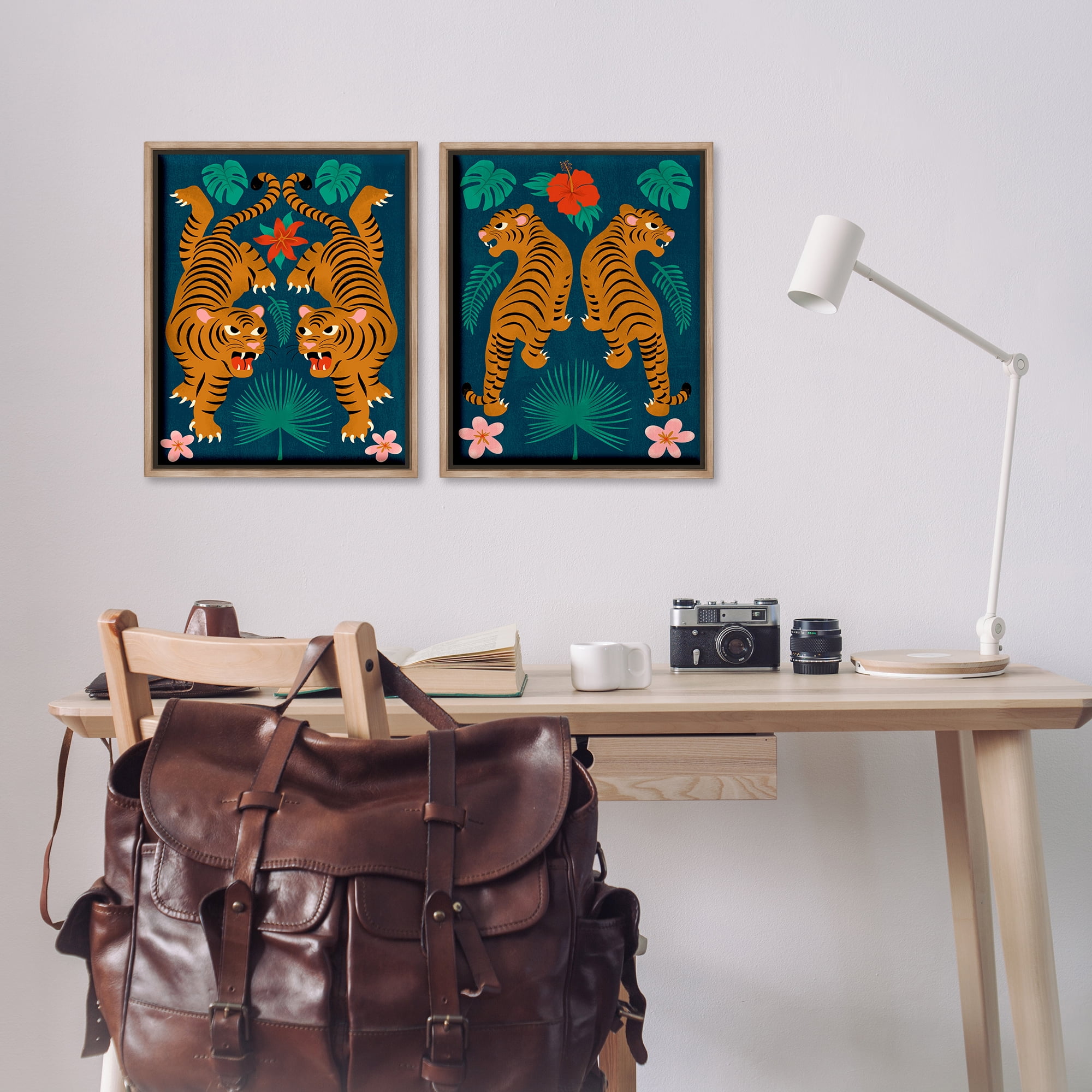 Stupell Industries Twin Jungle Tigers Animals Painting Brown Floater Framed Canvas Art Print Wall Art, 17 x 21, Set of 2