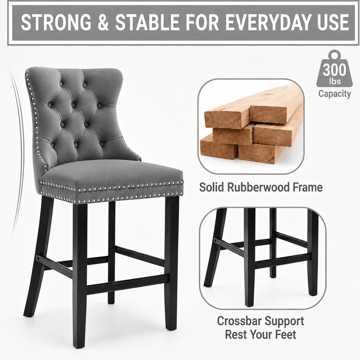 Bar Stools Set of 2, LEGAHOME Velvet Counter Height Bar Stools with Back, Button Tufted Upholstered Kitchen Island Chairs with Nailhead Trim, Solid Wood Legs, Footrest, Gray
