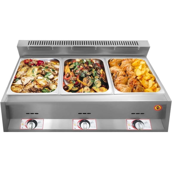3-Pan 10L/2.64Gal Gas Food Warmer Commercial Countertop Deep, Stainless Steel Propane Deep Fryer Cooking Heating Pot with Lids, Food Heating Pot