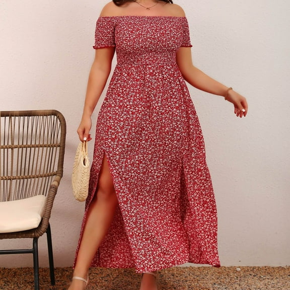 Ayolanni Ankle-Length Beach Dresses for Women Red Off-The-Shoulder Graphic Plus Size Dresses Dresses for Teens L