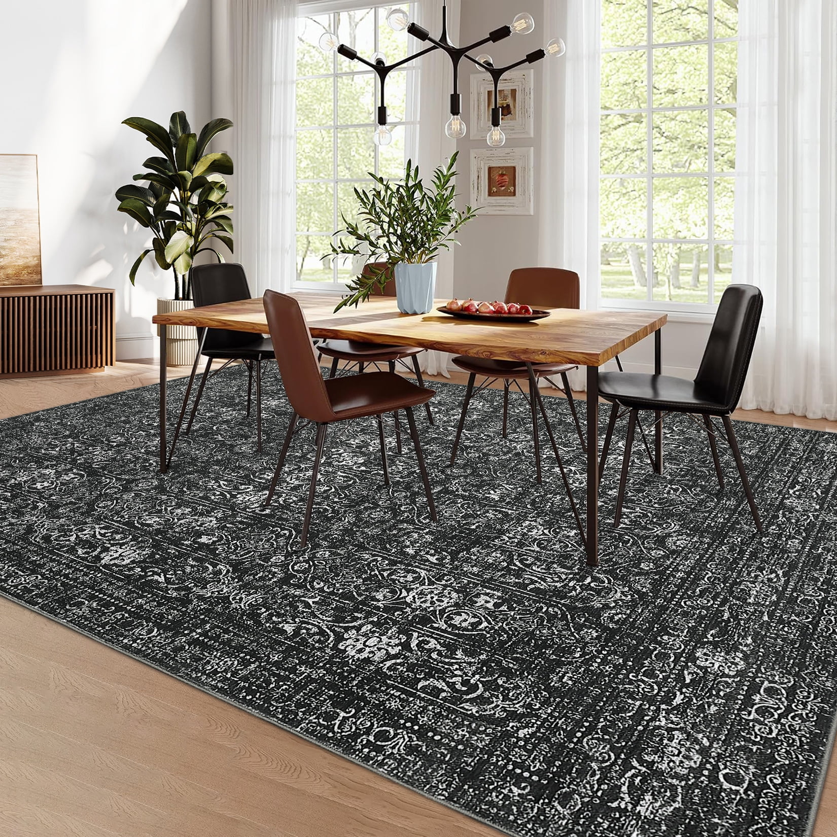 HOMERRY Indoor Rug 8' x 10' Area Rug for Living Room Vintage Floral Washable Bedroom Non-Slip Carpet for Home Decor, Black