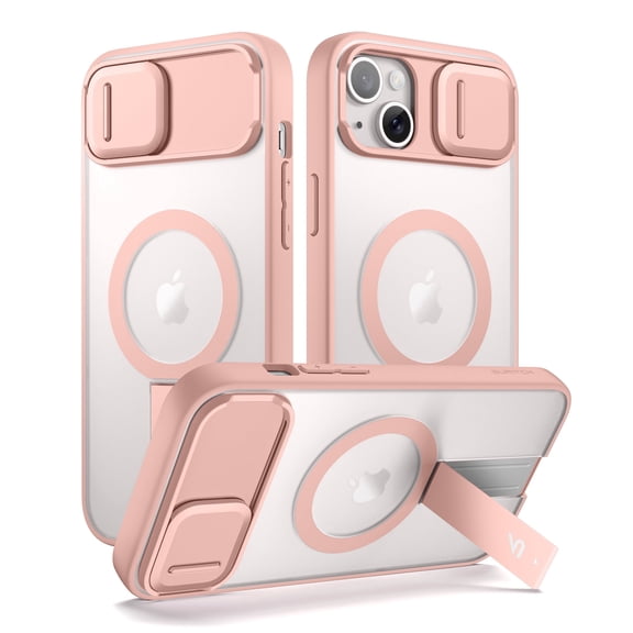 SURITCH for iPhone 13 / 14 Magnetic Case, Compatible with Magsafe, with Built-in Kickstand, Camera Cover and Translucent Back, Rugged Shockproof Cases Slim Protective Cover, Translucent Pink
