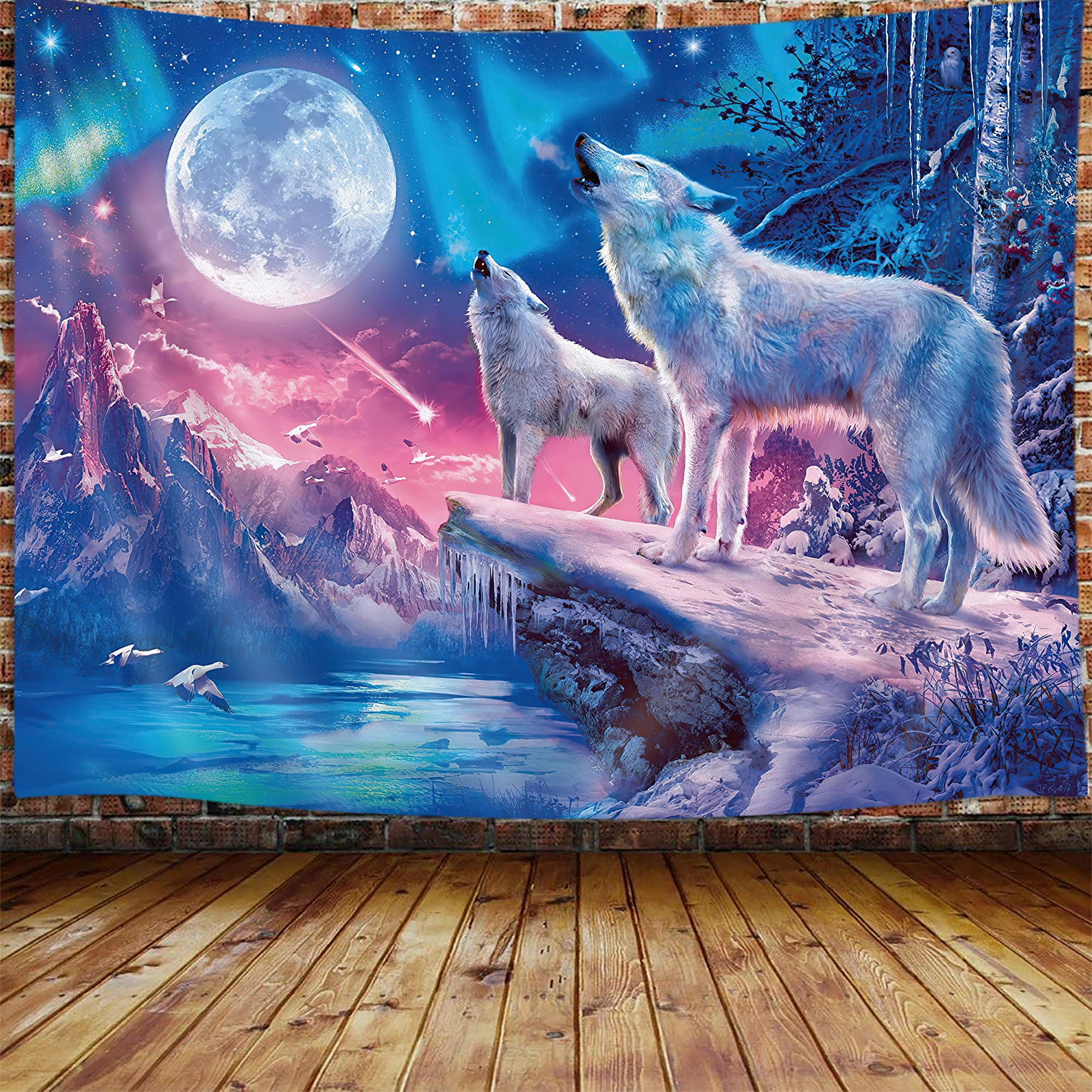 Cool Wolf Tapestry, Fantasy Animals Moon Small Tapestry Wall Hanging for Boys Men Bedroom, Colorful Aesthetic Blue Galaxy Mountian Forest Tapestry Poster Blanket College Dorm Home Decor 60X40 inches