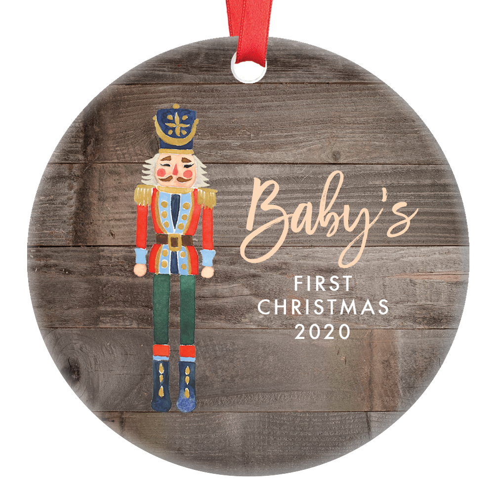 Boy Babys First Christmas Ornament 2020, Newborn Baby's 1st Gift Ideas New Baby, Nutcracker Ballet Soldier King Xmas Ceramic Farmhouse 3" Flat Circle Porcelain with Red Ribbon & Free Box | OR00357 - image 1 of 2