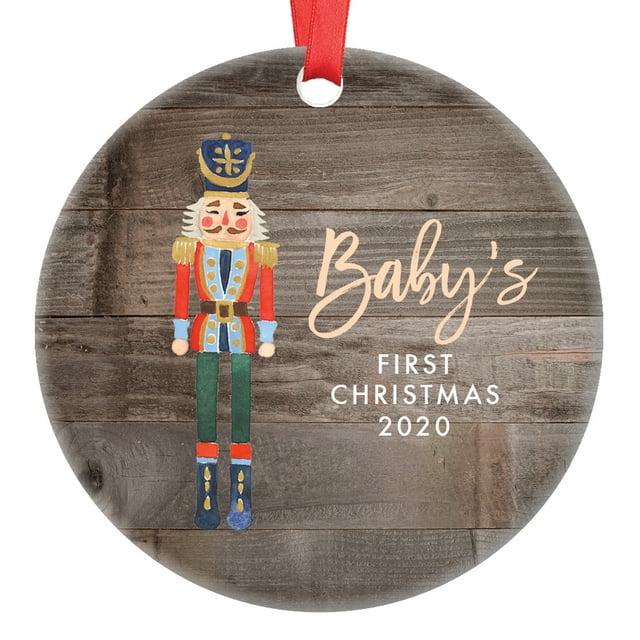 Boy Babys First Christmas Ornament 2020, Newborn Baby's 1st Gift Ideas New Baby, Nutcracker Ballet Soldier King Xmas Ceramic Farmhouse 3" Flat Circle Porcelain with Red Ribbon & Free Box | OR00357