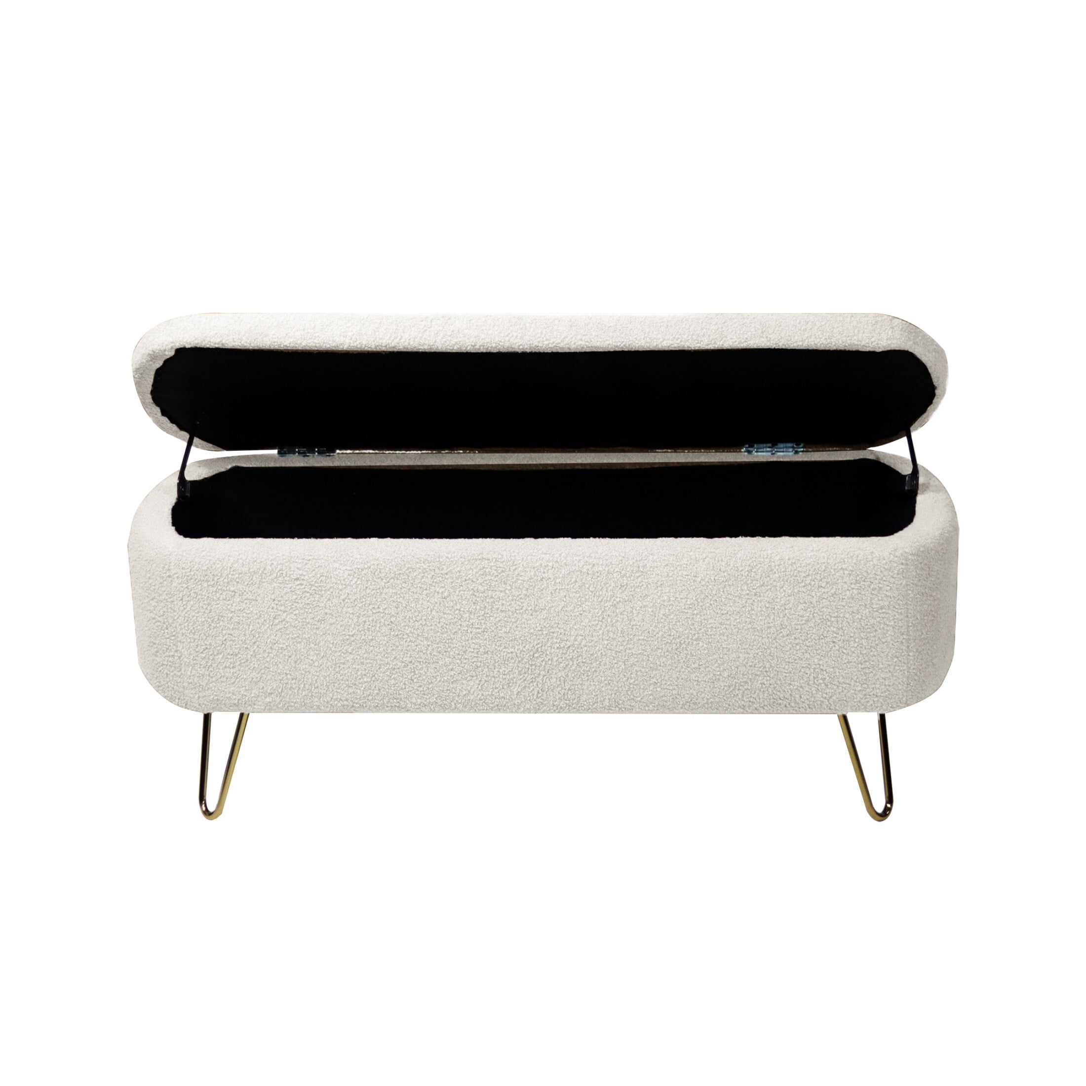 DEALTOPS Stylish Faux Fur Storage Bench, Oval Ottoman with Storage Space and Metal Legs, Ivory
