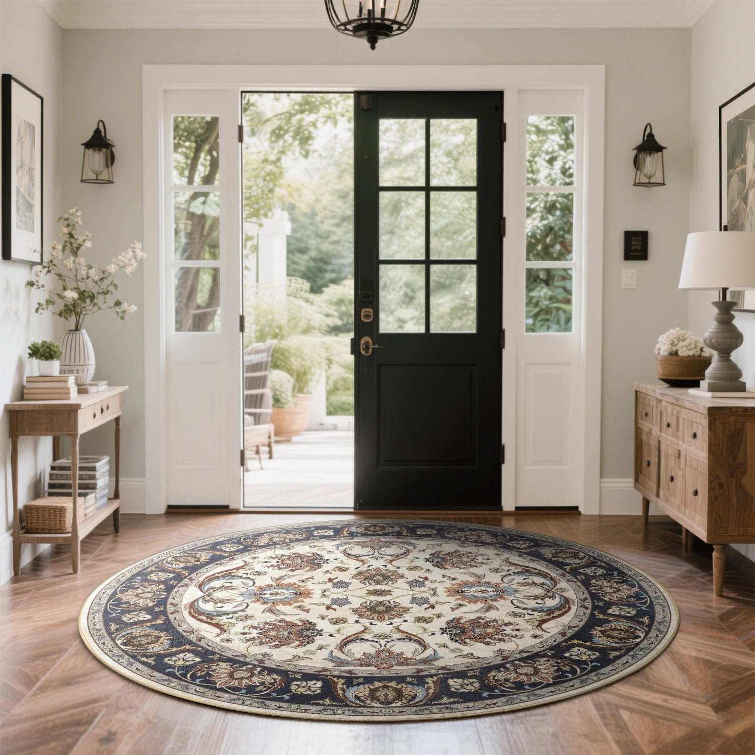 Cydiria Beige Round Persian Medallion Area Rug Floral Pattern Print Low-Pile Carpet for Living Room, 4' x 4'