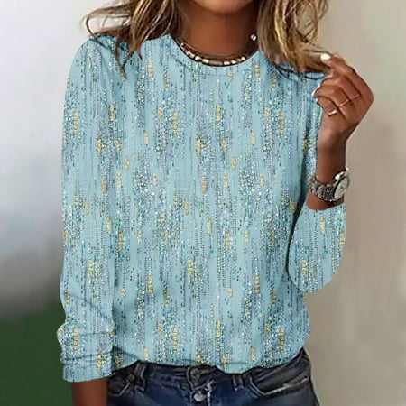 WXLWZYWL Prime Lightning Deals Sales Today All Departments Cute Long Sleeve Tops for Women Dressy Casual Boho Floral Print Crew Neck Petite Shirts Fall Blouse