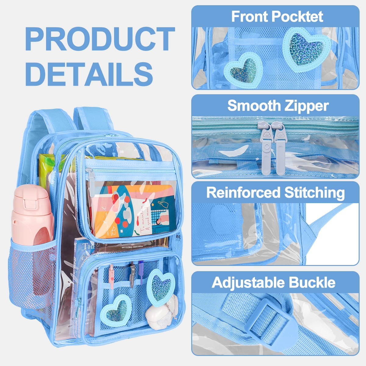 DAKIMOE Clear Backpack Heavy Duty Stadium Approved School Cute Transparent Backpacks Clear Bag Travel