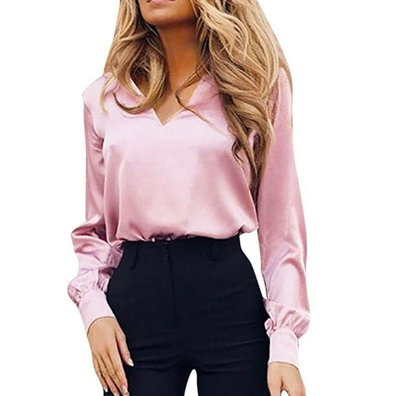 Gyexs Business Casual Tops for Women Satin Silk Blouse Collared V Neck Long Sleeve Work Shirts Dressy Tops Fall Clothes Pink, Size XXL