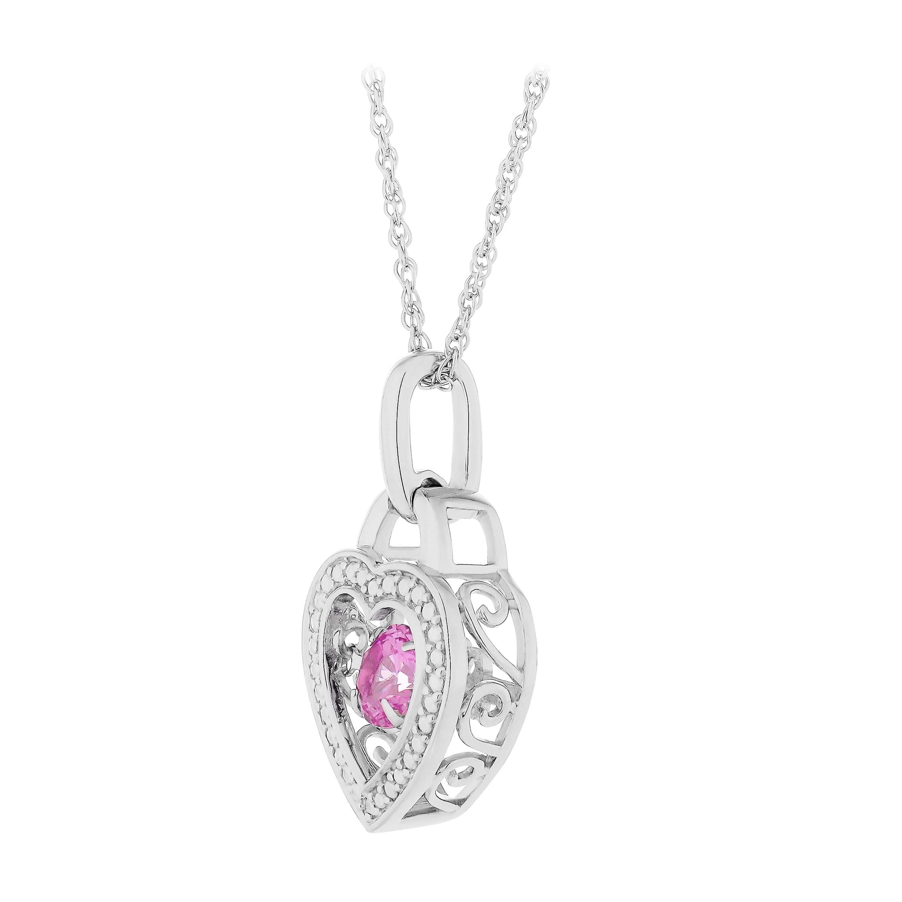 Jay Heart Designs 925 Sterling Silver Lab Created Pink Sapphire Open Heart Dancing Pendant, 18" Chain