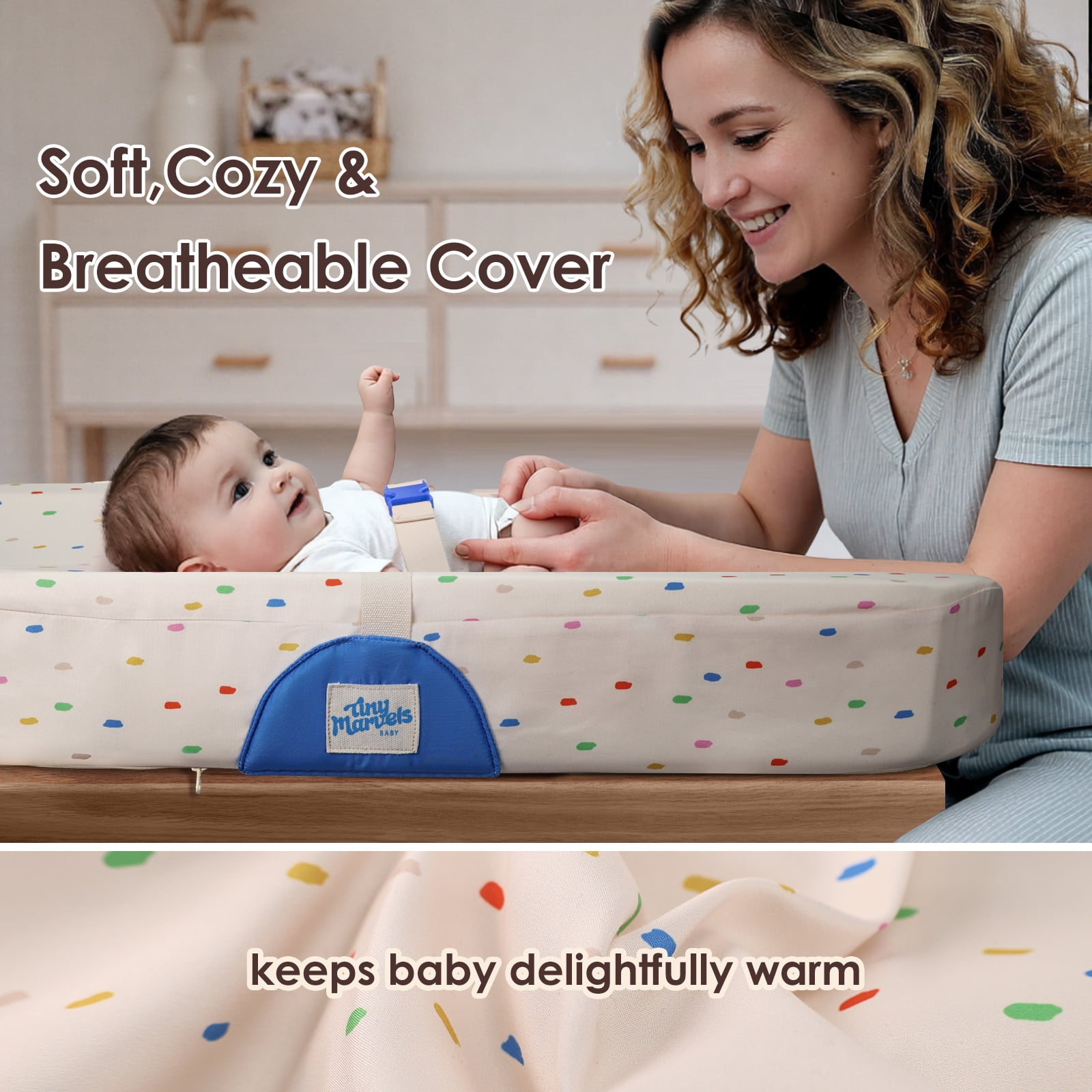 Tiny Marvels Non-Slip Changing Pad, Upgrade Size (18" x 31.50"), Soft Washable Cover, Safe Contoured Baby Changing Pad Fits Standard Changing Tables & Dressers