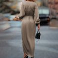 thumbnail image 6 of MORTTIC Women's Solid Color V-Neck Long Sleeve Dress with Asymmetrical Hem Elegant Pleated Party Maxi Dress Light Champagne，S, 6 of 7