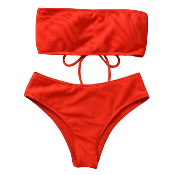 Strapless Tube Bikinis Sets for Women High Waist Full Coverage Swimsuit Ribbed Push Up Two Pieces Bathing Suits