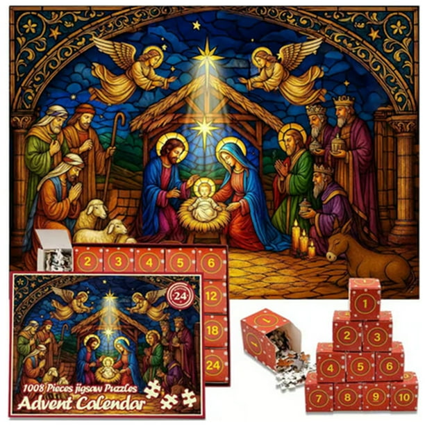 Rompecabezas Calendario de Adviento con escena de la Natividad, rompecabezas de 24 días, tradición navideña religiosa, 70 cm (27,6"), estilo vitral, 1 pieza Rkxzt