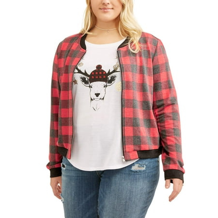 Junior's Plus Printed Bomber Jacket with Short Sleeve Screened Tee
