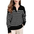 thumbnail image 4 of Htigea Striped Sweaters for Women Stylish V Neck Jumpers Long Sleeve Lapel Pullover Preppy Knit Sweater Tops Black S, 4 of 4