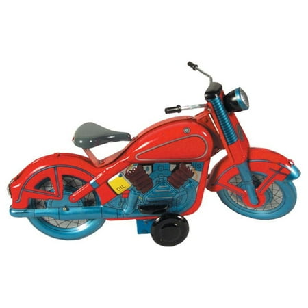 Old Fashioned Collectible Motorcycle Tin Toy - 9" - Red and Blue