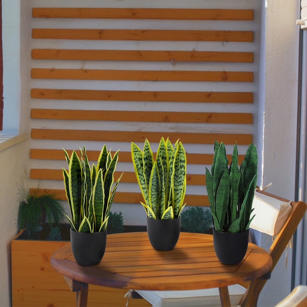 3-pcs Fake Snake Plant Artificial Plant Indoor Artificial Plant with Black Pot Artificial Snake Plant Suitable for living room, bathroom, office, table, centerpiece