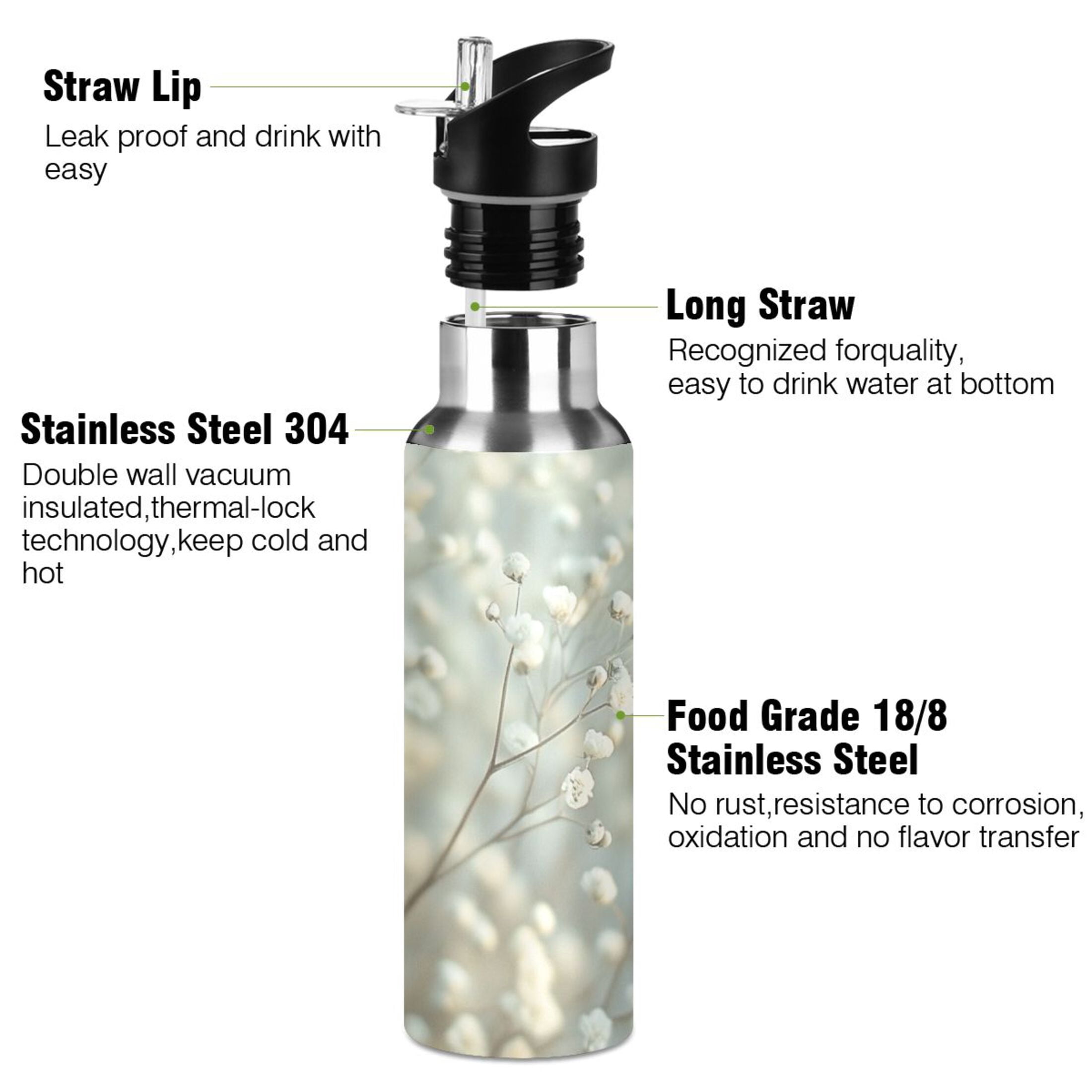 Beautiful Babysbreath Sports Bottle with Straw Stainless Steel Water Jug Portable Thermal Cup Leak-proof 600ML