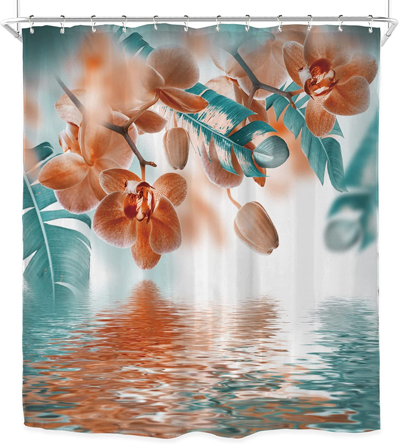 Teal and Orange Orchid Shower Curtain Reflection Floral Tropical Flower Leaf Painting Zen Decor Fabric Set Polyester Waterproof 72x72 Inch 12 Pack Plastic Hooks WW-T8X3