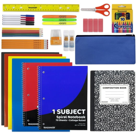 12 Pack of 45 Piece Stationary Supply Kits Containing 2 Spiral Notebooks, 4 Colored Folder, 5 Pens, 5 Pencils, 10 Crayons, 4 Erasers, 1 Pencil Case, 1 Sharpener, & More!
