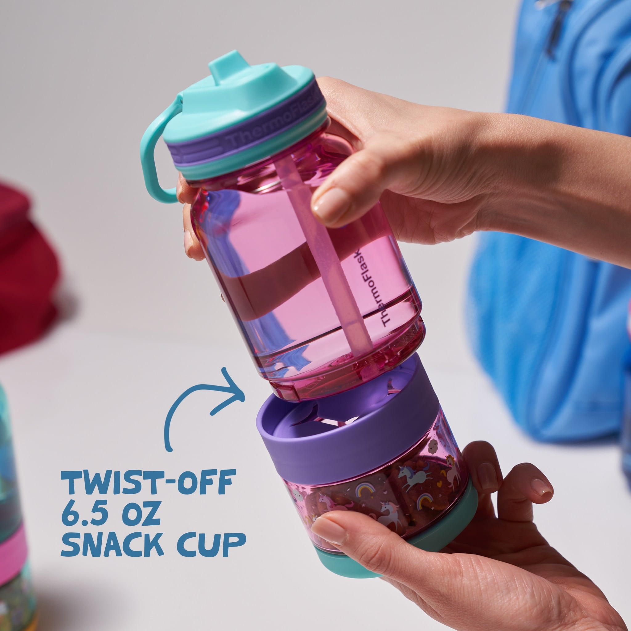 ThermoFlask 14 oz 2-in-1 Snack and Sip Durable Tritan Bottle with Integrated Snack Cup Compartment - Leakproof Folding Straw Lid - Protective Bumper - Cars Design