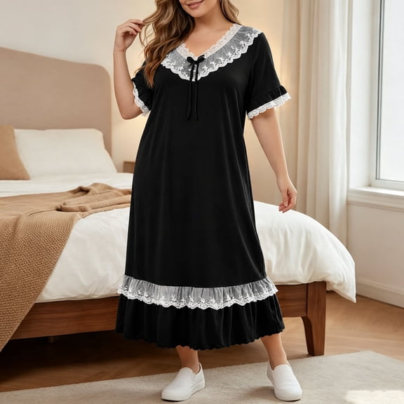 SELONE Plus Size Nightgowns for Women Long Lace Maxi Pajamas Dress Ruffle Short Sleeve Sleep Dress Daily Sleep Shirt