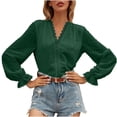 thumbnail image 2 of FAKKDUK Shirts for Women Fall Long Sleeve Womens V Neck Full Sleeve Casual Tees Blouses Tops Women's Solid Fashion Pullover Blouse Loose Fitting Top, Green&L, 2 of 7
