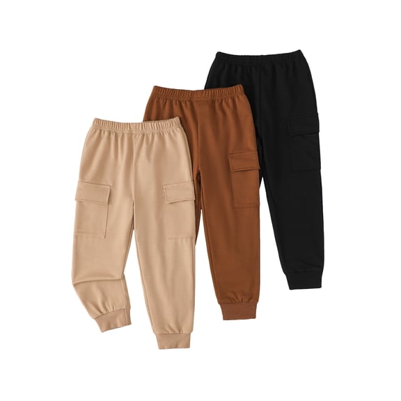 Toddler Boys Clothes Boys Pants Kids 3-Pack Joggers Toddler Cargo Casual Elastic Waist Pants for Boys 3T 4T 5T Size 6 7 Black Brown