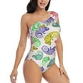 thumbnail image 3 of Sikiie Cute Chameleons Print Women One Piece Swimsuits Tummy Control One Shoulder Bathing Suits Ruffle Swimwear, From S to XXL-X-Large, 3 of 6