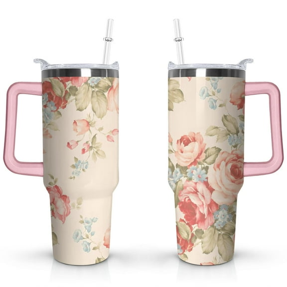 40oz Pioneer Tumbler with Handle Lid and Straw,Colorful Floral Tumblers Gifts for Women Girls Men Adults（Pink）