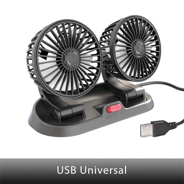Ventilador de coche de doble cabeza ajustable USB | Ventilador portátil giratorio de 360° | Ajustes de 2 velocidades | Bajo nivel de ruido, alta eficiencia | Para uso en coche, hogar, exterior, RV