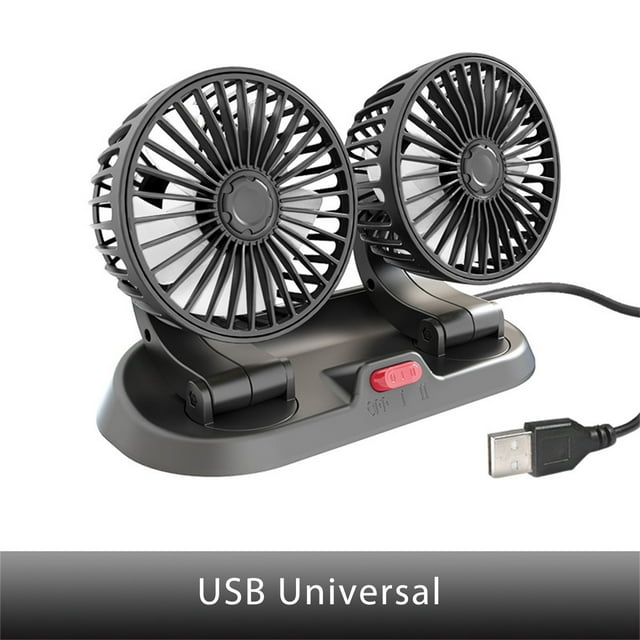 Ventilador de coche de doble cabeza ajustable USB | Ventilador portátil giratorio de 360° | Ajustes de 2 velocidades | Bajo nivel de ruido, alta eficiencia | Para uso en coche, hogar, exterior, RV