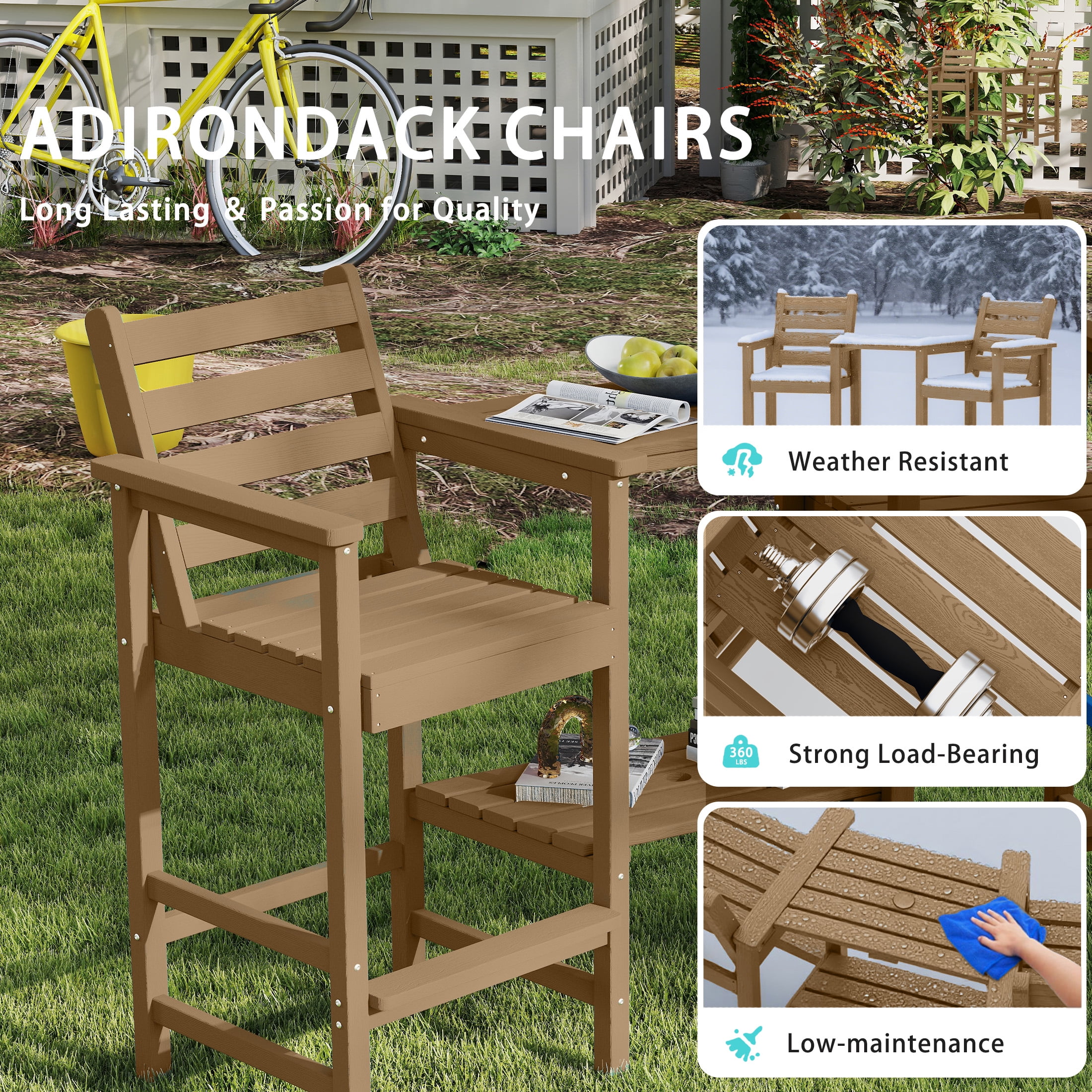 AreShark HDPE Tall Adirondack Chair Set with Removable Double Trays (Set of 2) Brown