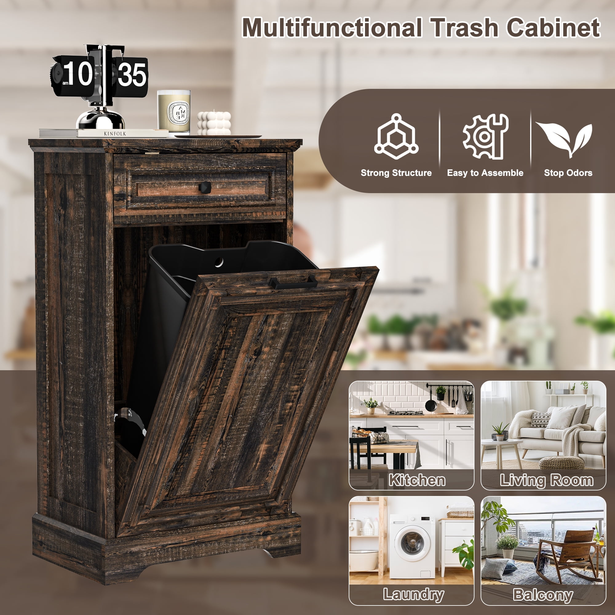 HARIPUL 13 Gallon Tilt Out Trash Cabinet for Kitchen, Single Kitchen Trash Can Cabinet with Drawers, Dark Brown