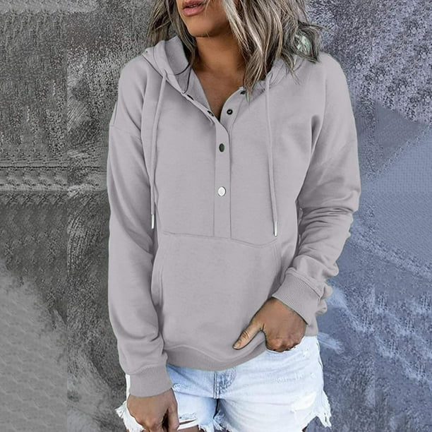 Pntutb Sudaderas con capucha casuales para mujer Otoño Sólido Sudadera de manga larga Botón abajo Cordón Jersey blusa superior con bolsillo Pntutb Pntutb-879