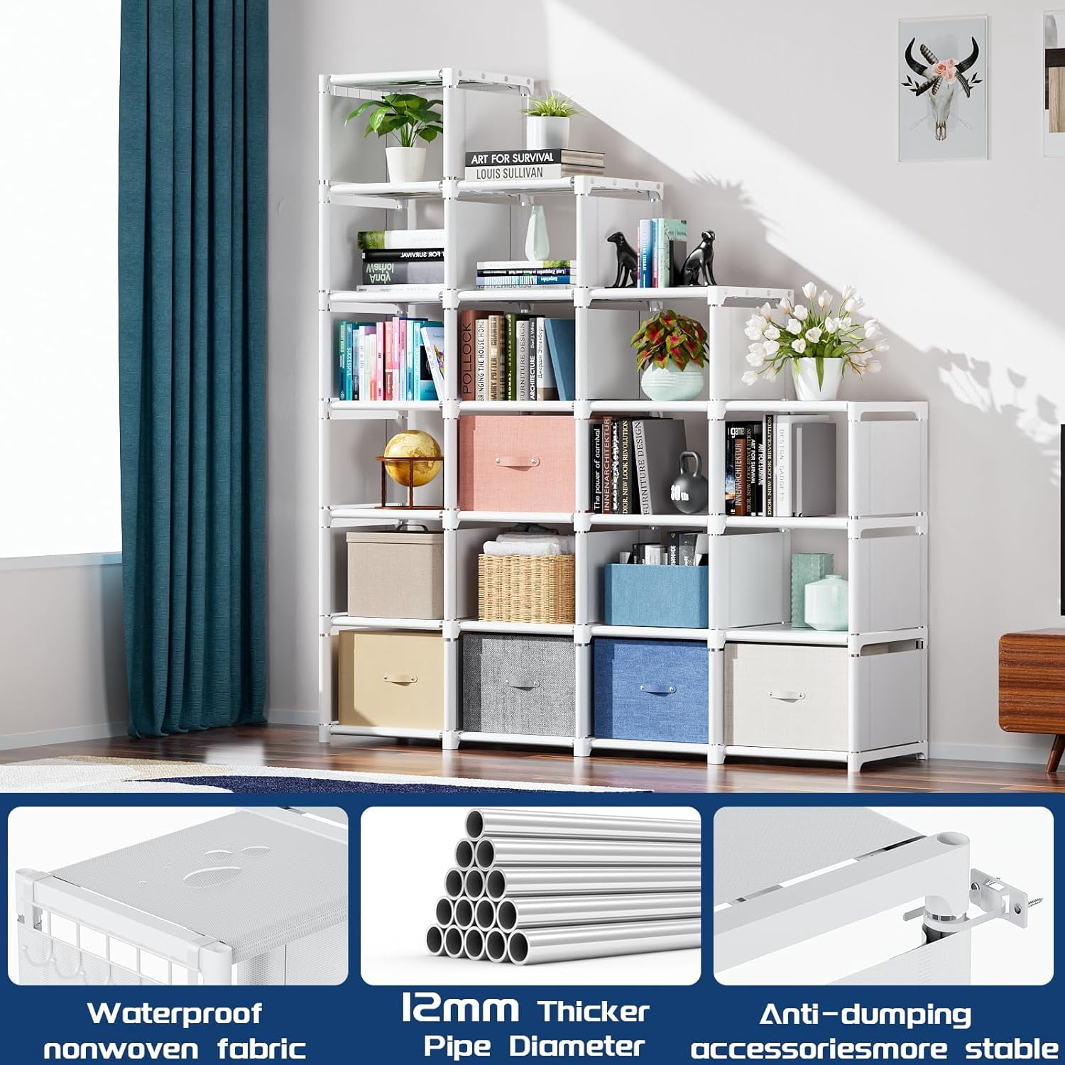 20-Cube Storage Organizer,  Metal Bookshelf with White  for Bedroom Office Living Room