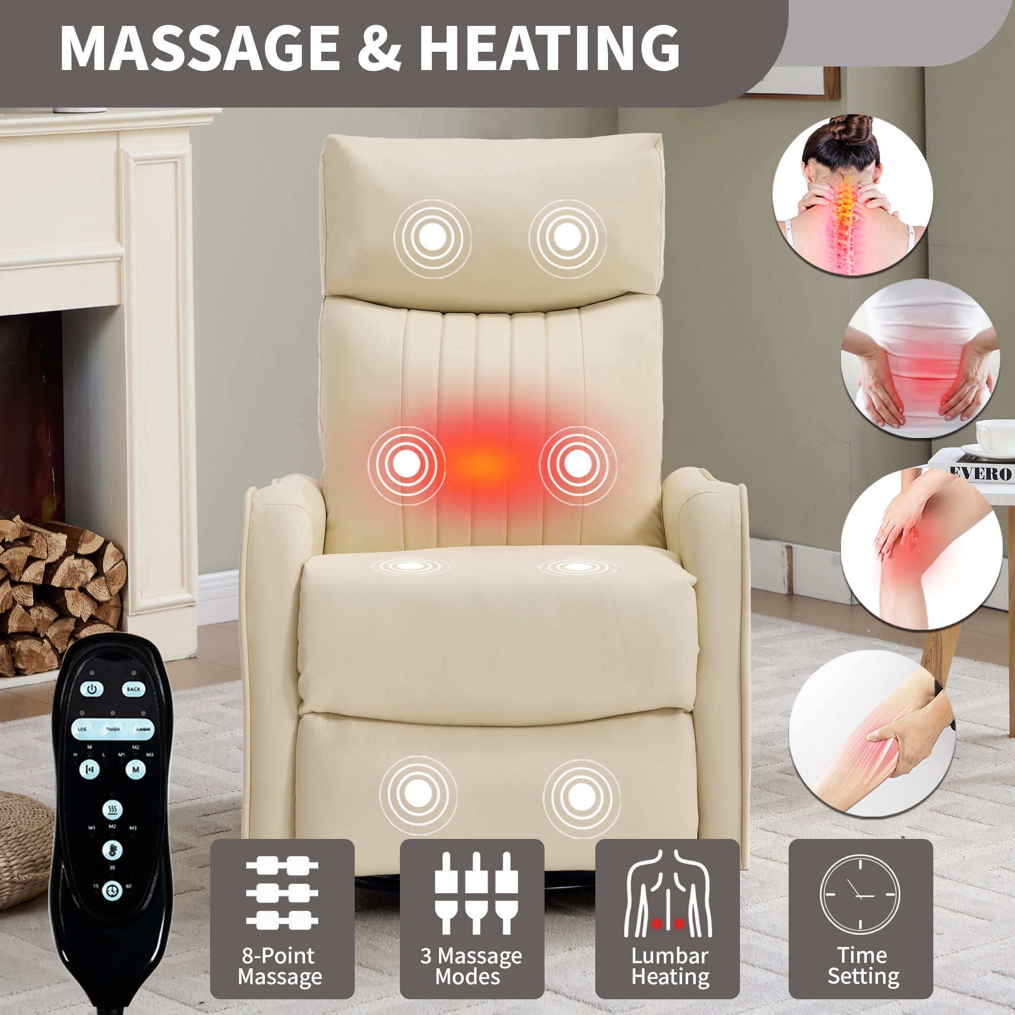 Gewnee 360° Swivel Rocking Recliner with Massage & Heat, Adjustable Reclining Angle, for Living Room & Office，Beige