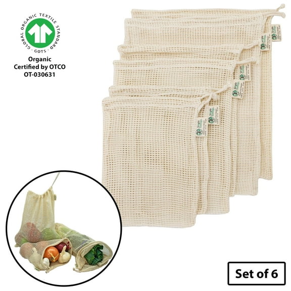 Simple Ecology Reusable Eco Bags, Organic Cotton Mesh, Set of 6-Piece, Natural