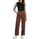 thumbnail image 2 of Pantalones largos rectos de cintura elástica con botones y cremallera de cuadros para mujer Inspire Chic en color rojo vino, 2 of 6