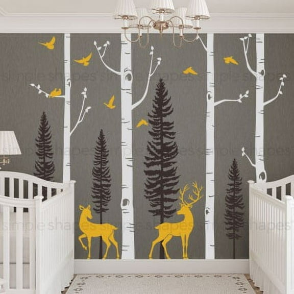 Birch Tree with Deer and Bird Wall Decals W1121 - Scheme B