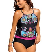 High Neck Tankini Swimsuits for Women Halter Bathing Suits Two Piece Floral Print Swimwear