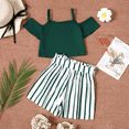 thumbnail image 4 of PatPat Kid Girls Cold Shoulder Camisole with Belted Stripe Shorts 2 Pieces Outfit Set Sizes 5-12, 4 of 6