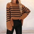 thumbnail image 2 of Women'S Striped Knit Oversized Fall 2025 Trendy Clothes Crewneck Winter Pullover Sweater Side Split Dark Brown S, 2 of 4