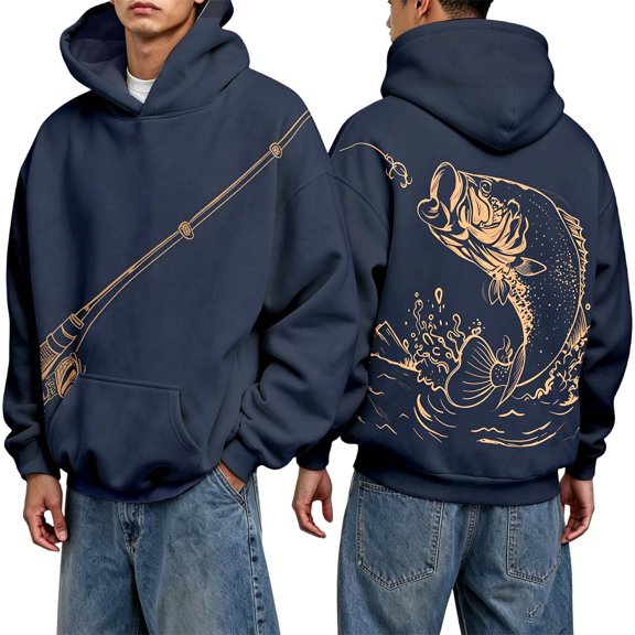 JIAYUE Mens Hoodie Drawstring Hooded Fishing Graphic Long Sleeve Pullover Tops Front Pocket Loose Sweatshirt for Light Activity Wear
