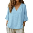 thumbnail image 2 of ClodeEU Women's Linen Blend V Neck Loose Fit Blouse with Shoulder Pleats ,Solid Color Loose Casual Top Blue,Womens Plus XXL, 2 of 8