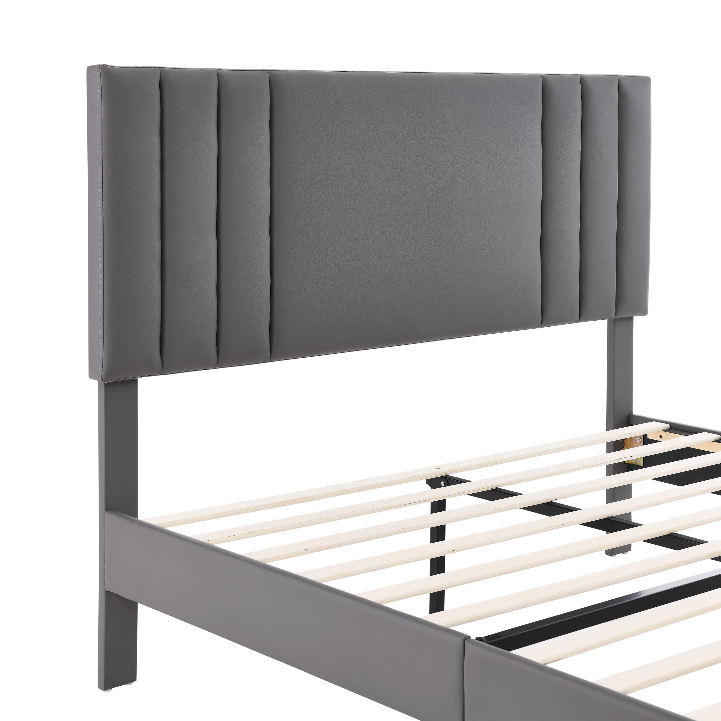 BSHTI Full-Size Platform Bed Frame with PU Upholstered Headboard, wood slats support and a center support leg,Adjustable Headboard, Gray