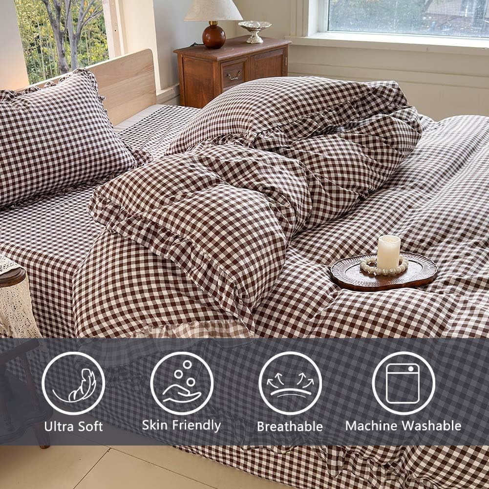 Mocha Gingham Ruffle Duvet Cover King Size, 3 Pieces Soft Pre-Washed Microfiber Checked Plaid Comforter Cover Set, Vintage Farmhouse Bedding Set(Mocha Gingham, King 104"x90")